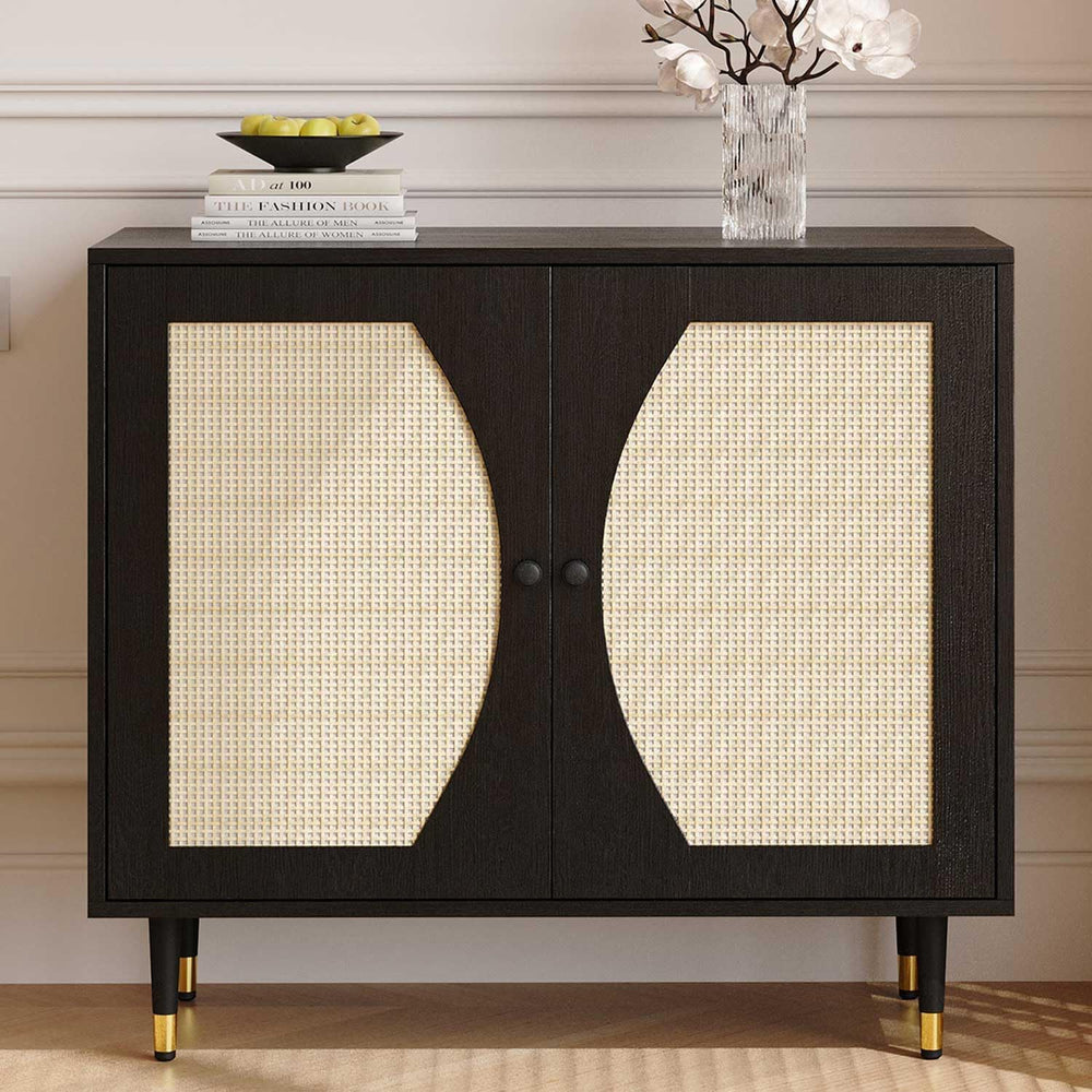 4ever2buy Rattan Buffet Cabinet with Storage, Black Sideboard Cabinet with Ra...