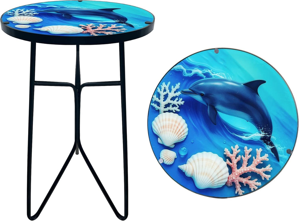 12 Inch Folding Outdoor Side Tea Table, Dolphin Shell Coral Small Accent Tabl...