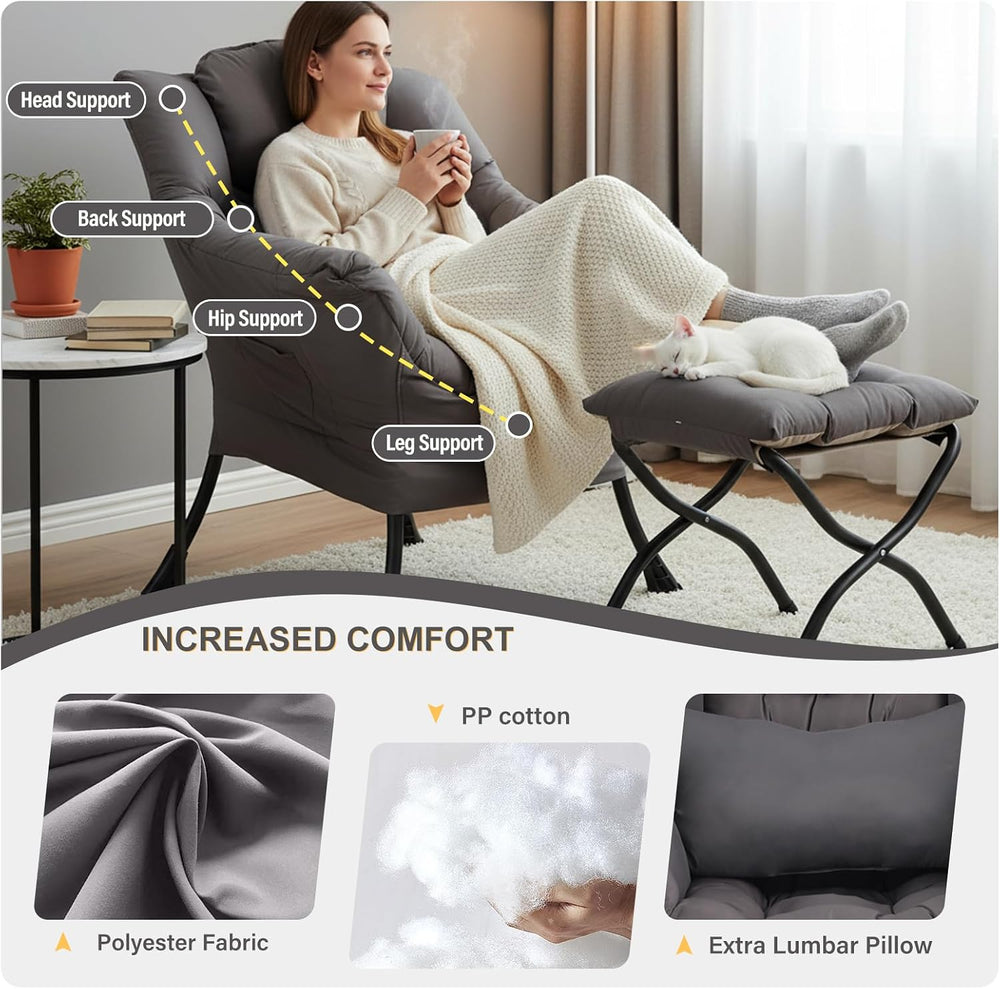 Lazy Chair with Ottoman, Comfy Chair with Pillow，Dark Grey