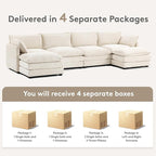 ROWHY 148'' Sectional Cloud Couch with 2 Ottomans, Oversized 4 Seat Sleeper Sofa with 2 Throw Pillows, Convertible Upholstered U Shaped Cozy Sofa Furniture Set for Living Room and Office, Beige