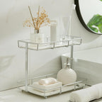Bathroom Organizer Countertop Perfume Organizer Makeup Organizer Cosmetics Storage Display Rack Vanity Tray Dresser Stainless Steel Gold Shelf White Marble Ceramic Tray (2 Tier L-Sliver)