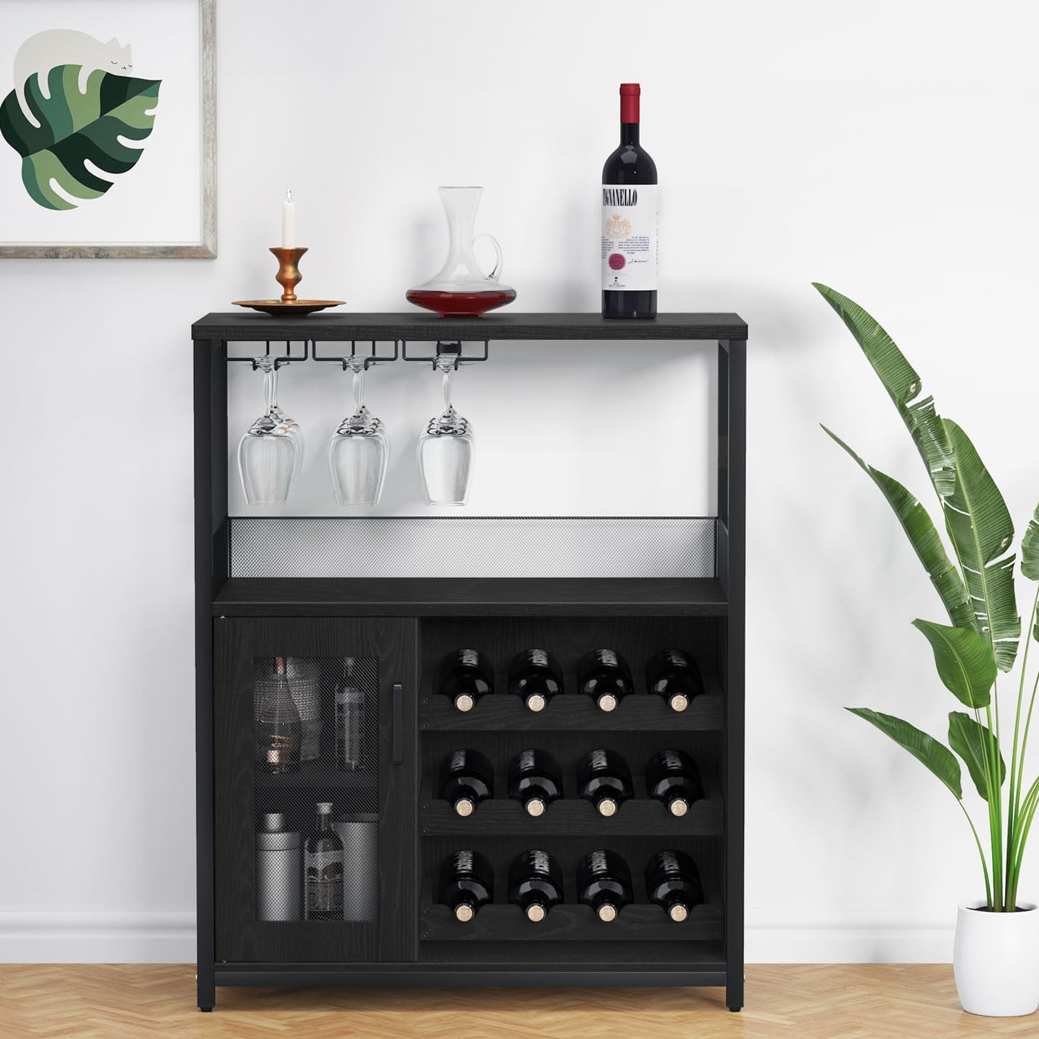 GAOMON Coffee Wine Bar Cabinet with Storage and Detachable Rack | Farmhouse Sideboard and Buffet Cabinet with Glass Holder and Mesh Door, Liquor Coffee Bar Cupboard, Black