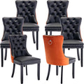 Modern Dining Chairs Set of 6, Tufted Upholstered Dining Chair with Solid Wood Legs, Velvet and Leather Dining Chairs, Sillas de Comedor, Comfy Kitchen Chair (Black+Orange, 6Pcs)