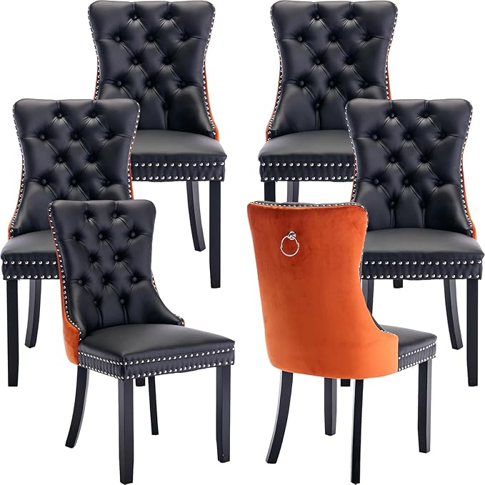 Modern Dining Chairs Set of 6, Tufted Upholstered Dining Chair with Solid Wood Legs, Velvet and Leather Dining Chairs, Sillas de Comedor, Comfy Kitchen Chair (Black+Orange, 6Pcs)