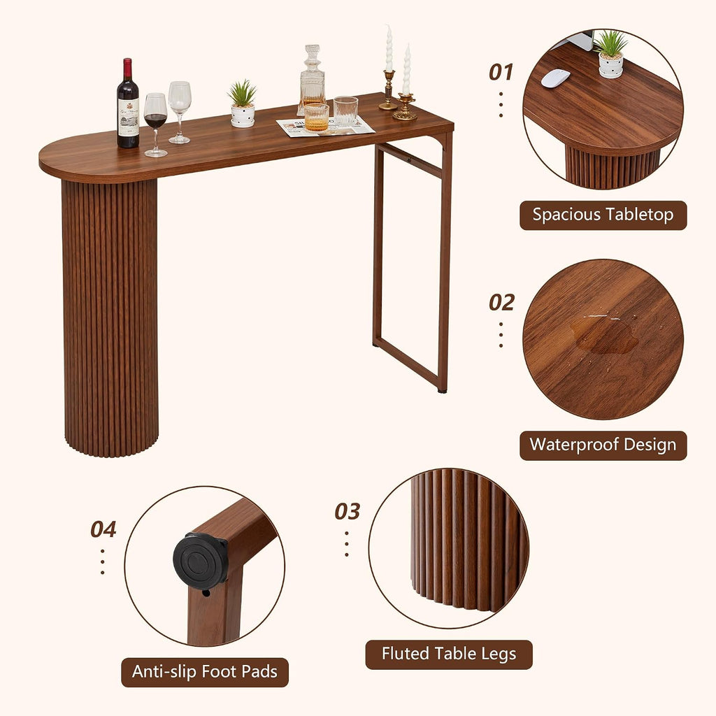 55" Long Bar Table, Fluted Wood Counter Height Pub Table, High Top Kitchen Breakfast Bar Tables with Sturdy Metal Frame, Modern Bar Height Dining Table for Bistro, Dining Room, Living Room