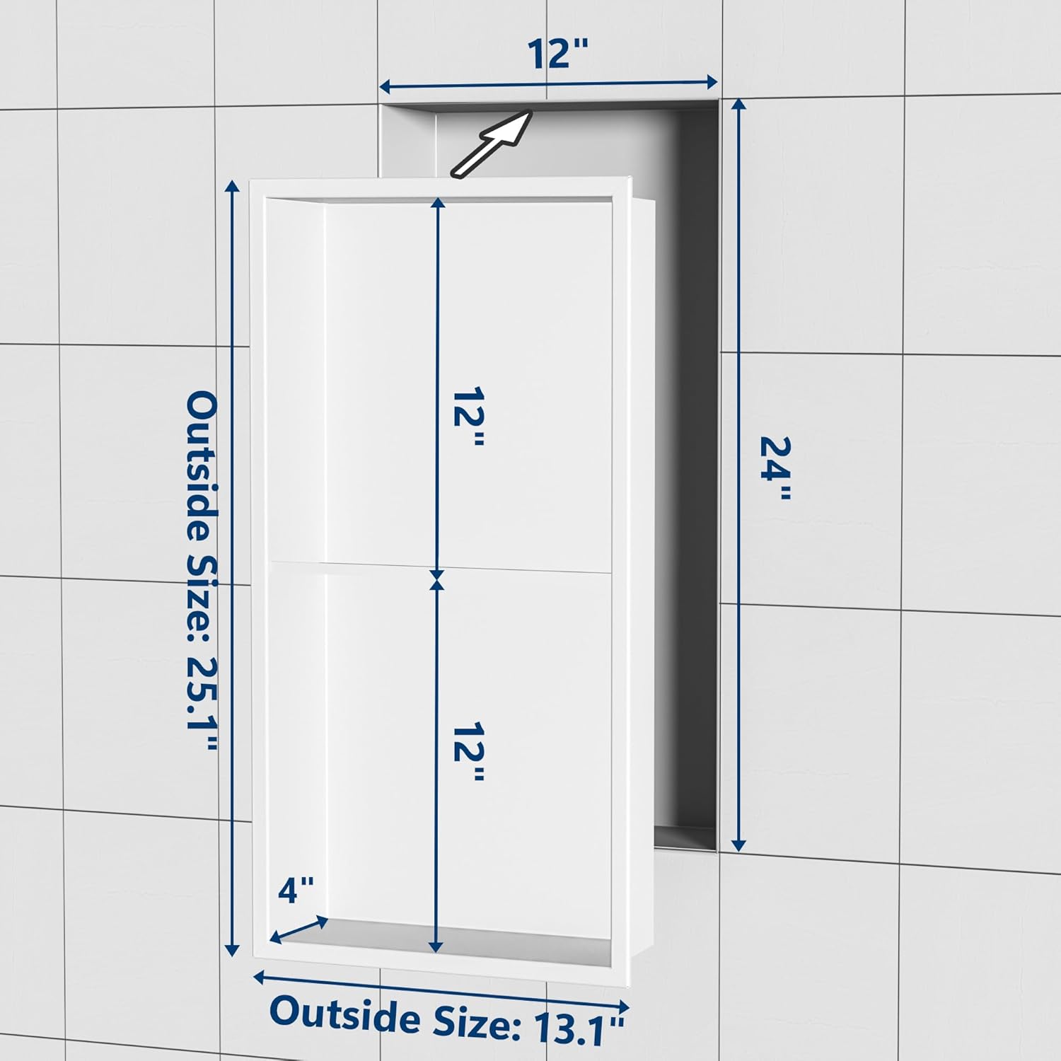 Stainless Steel Shower Niche 24" X 12", No Tile Needed Wall Niche Double Shelves, Recessed Shower Shlef for Bathroom Storage, Matte White