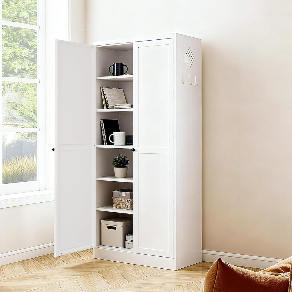 AQY Metal Pantry Cabinet with Doors & Shelves, 61” Tall White Kitchen Sto...