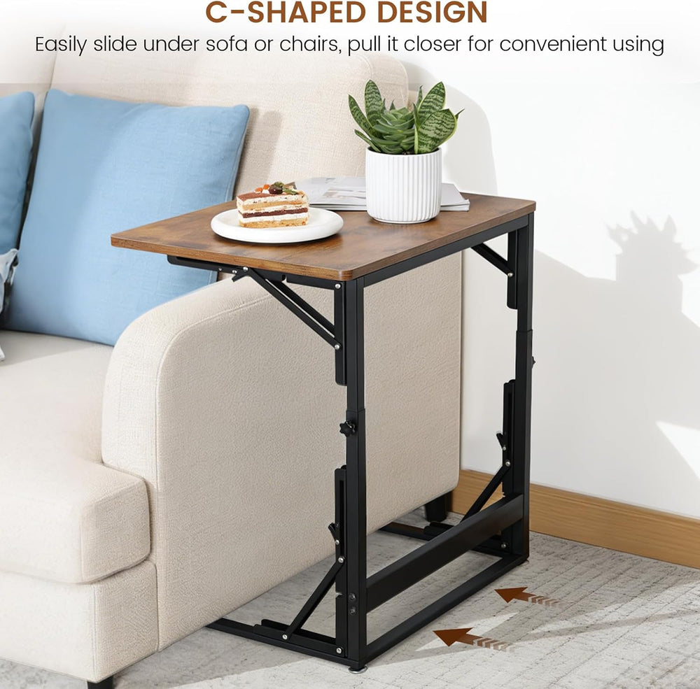 Folding Side Table, Adjustable C-Shaped End Table for Couch, Metal Frame TV T...