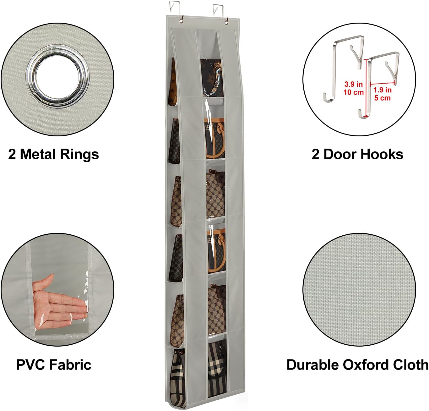 Lirex Over The Door Organizer, 2 Pack Handbag Storage with 6-Tier Space-Saving for Door or Closet, Handbag Hanger, Grey