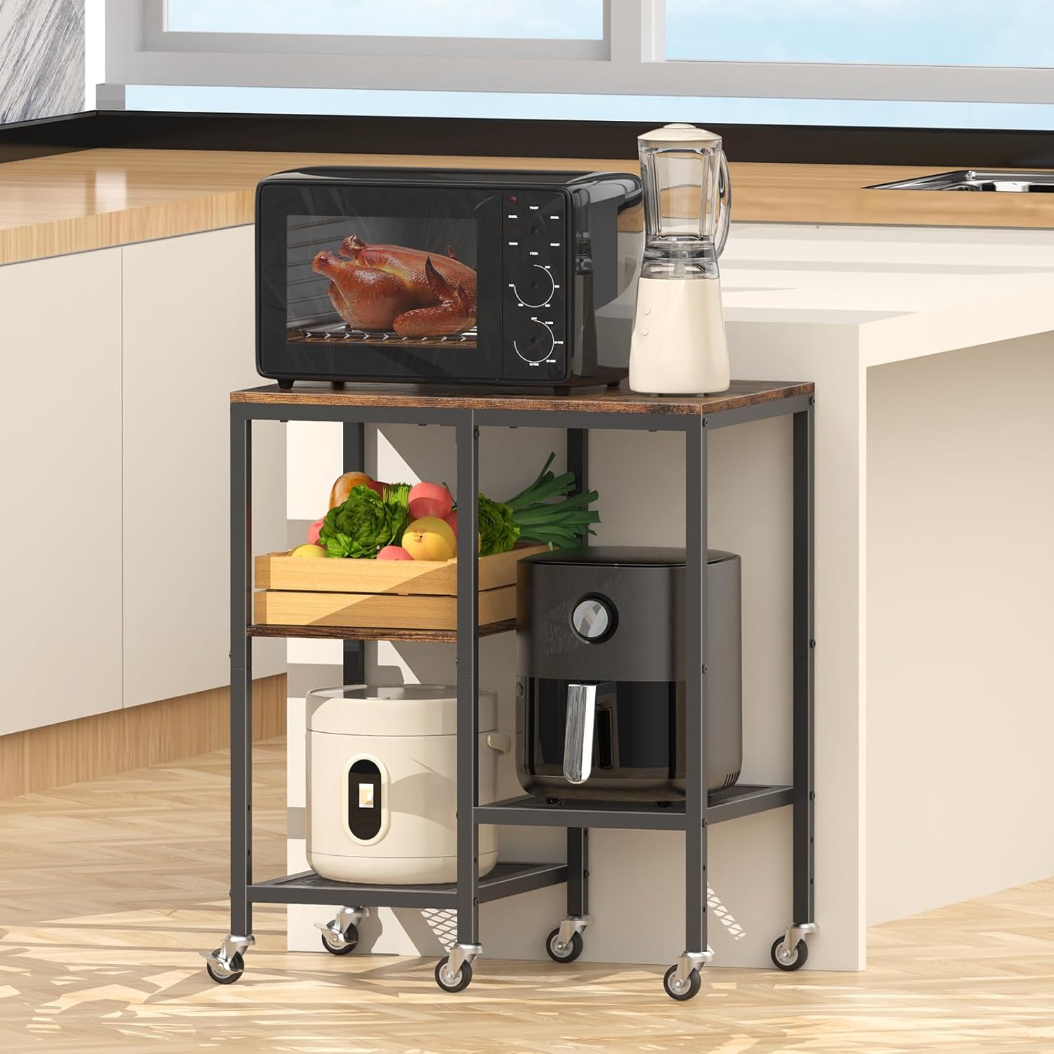 Kitchen Microwave Cart,Microwave Stand with Wheels,Coffee Bar Table Station,4-Tier Rolling Baker's Rack,Small Appliance Storage Shelf,Utility Side Table for Kitchen,Living Room (Rustic Brown)