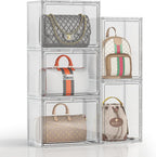 5 Pack Purse Organizer for Closet, Handbag Storage Organizer Stackable Display Case with Magnetic Door, Closet Storage Bins for Handbag, Purse, Backpack, Collectibles, White