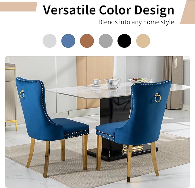 Luxury Upholstered Dining Chairs Set of 6, Blue Kitchen Chair with Golden Metal Legs, Velvet Tufted Back Dining Chair, Sillas de Comedor, Modern Kitchen & Dining Room Chairs (Blue, 6 Pcs)