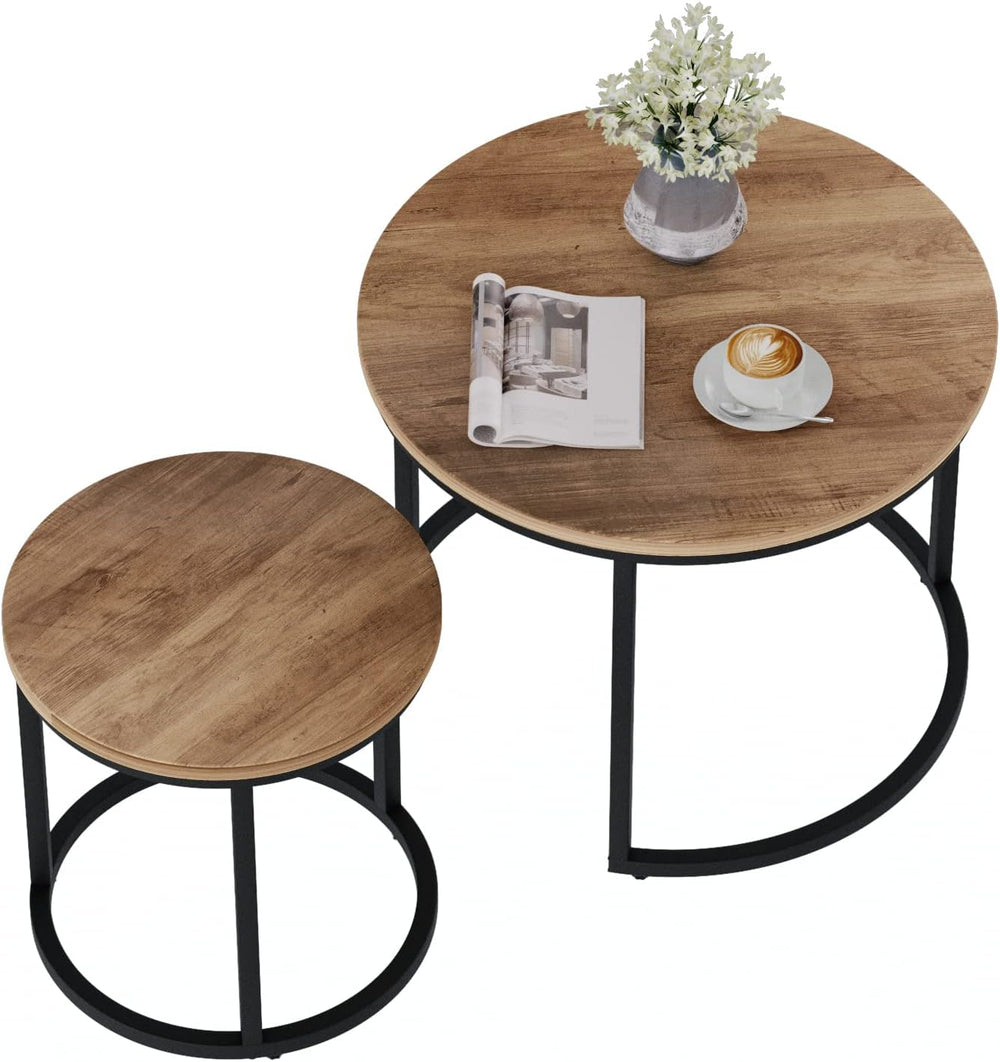 Smuxee Nesting Coffee Table Set of 2, 23.6" Round Coffee Table Wood Grai...