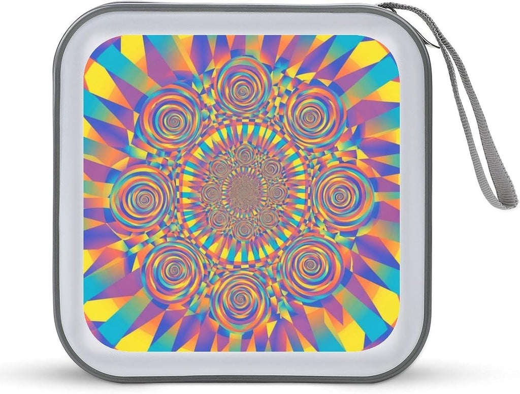 40-Disc CD/DVD Organizer Wallet Red Blue Yellow Spiral Tie Dye Rainbow, Heavy-Duty Hard Plastic Binder, Portable Storage Case with Carry Strap for Car