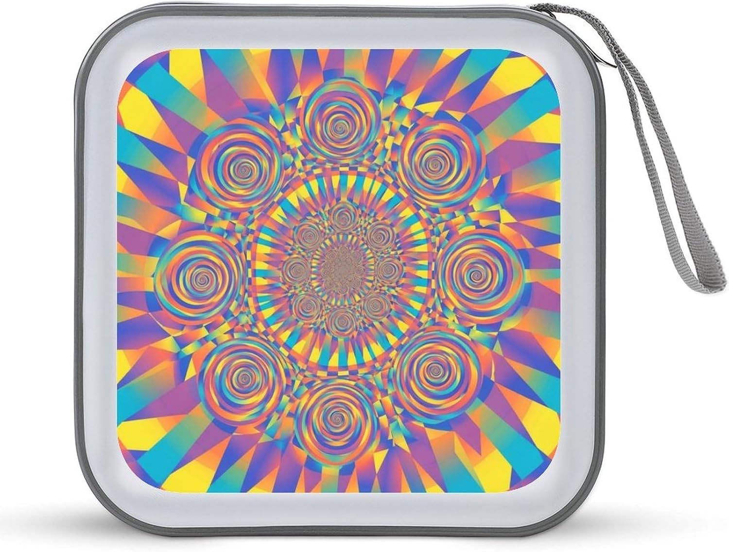 40-Disc CD/DVD Organizer Wallet Red Blue Yellow Spiral Tie Dye Rainbow, Heavy-Duty Hard Plastic Binder, Portable Storage Case with Carry Strap for Car