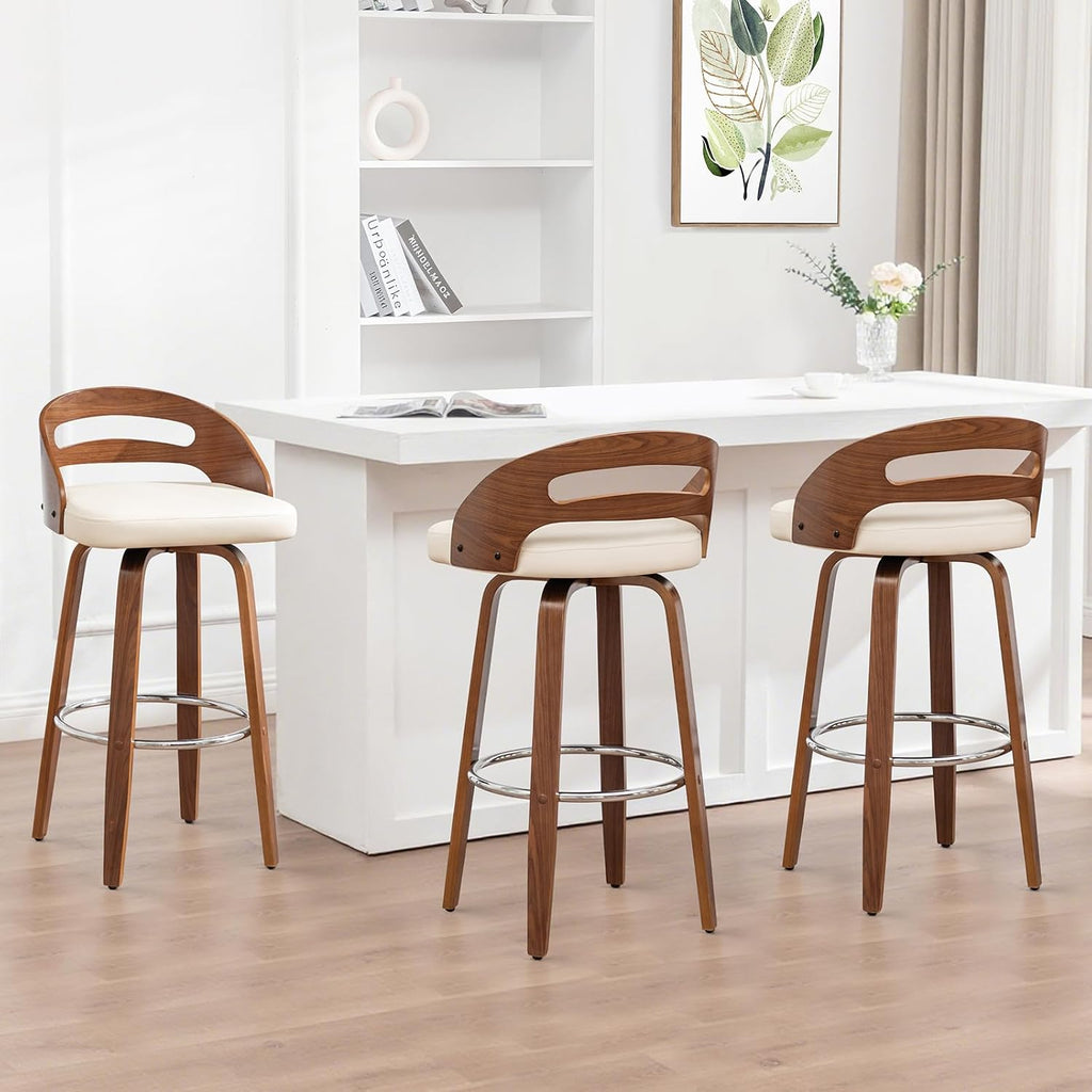 Swivel Bar Stools Set of 3, 30 inch Mid Century Bar Stools with Bentwood Curved Back, Walnut Craftsmanship, Upholstered Faux Leather, Bar Height BarStools for Bar/Cafe/Pub (Beige, 30" Seat Height)