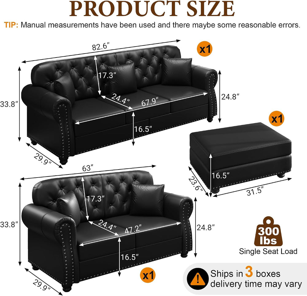 2-Piece Faux Leather Chesterfield Sofa & Loveseat Set with Ottoman, Black