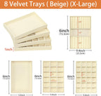 8 Pack Velvet Jewelry Trays X-Large Stackable Jewelry Drawer Organizer Tray 8-Layer Jewellry Tray Set for Earrings, Necklaces, Rings,Bracelets with Removable Dividers for Dresser & Vanity