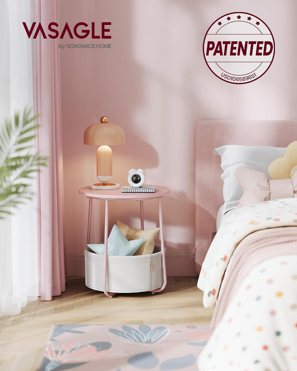 VASAGLE Nightstands, Set of 2 Small Round Side Tables with Fabric Basket, Bed...