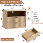 LEYAOYAO 31" Wide Fluted Nightstand Set of 2 with Charging Station, Oversized Extra Large 1 Drawer Night Stand with Golden Handle, Natural Wood Bedside Table Tall End Tables,for Bedroom, Living Room