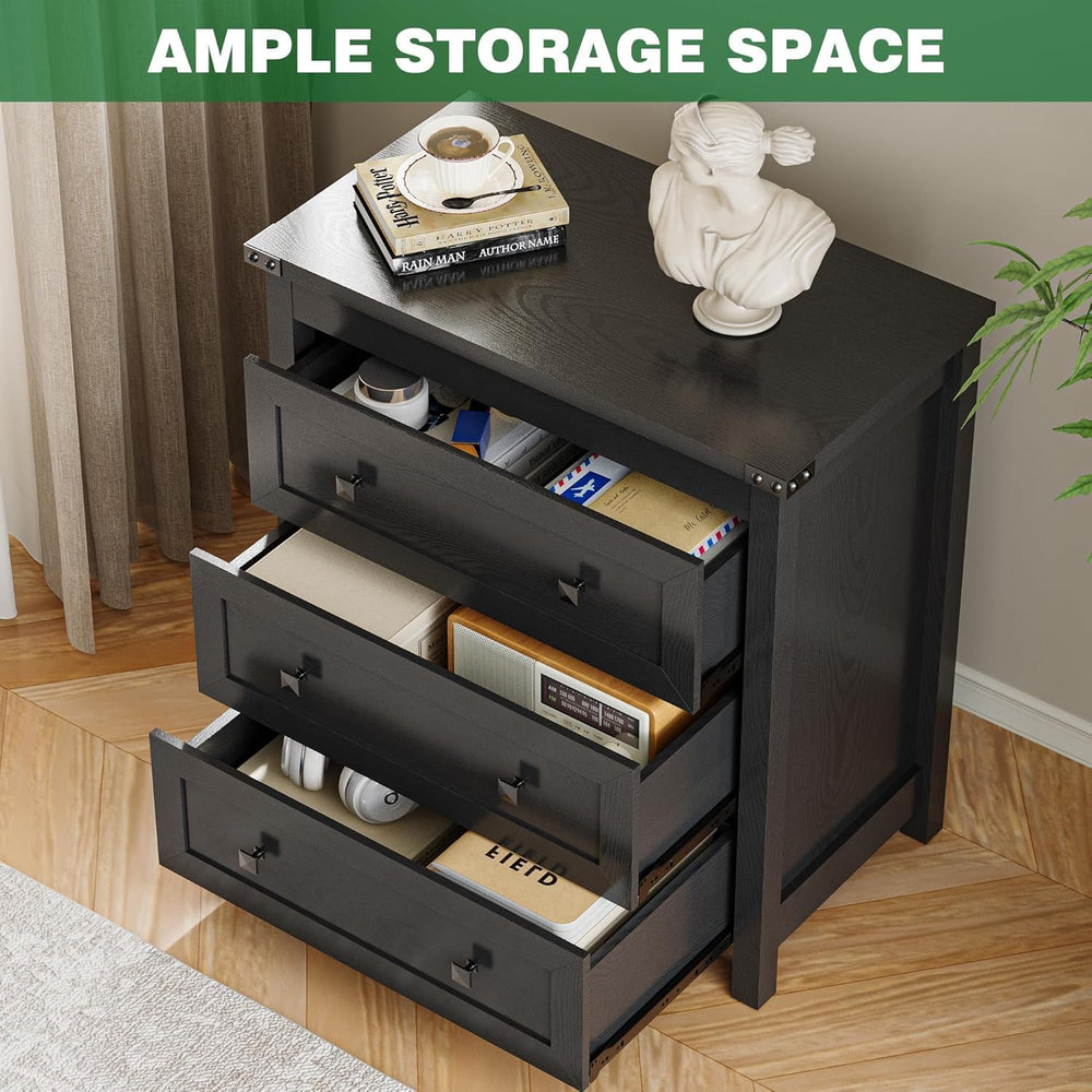 Xixini Farmhouse Nightstand with 3 Storage Drawers, 27.55" Wide Wood Bed...
