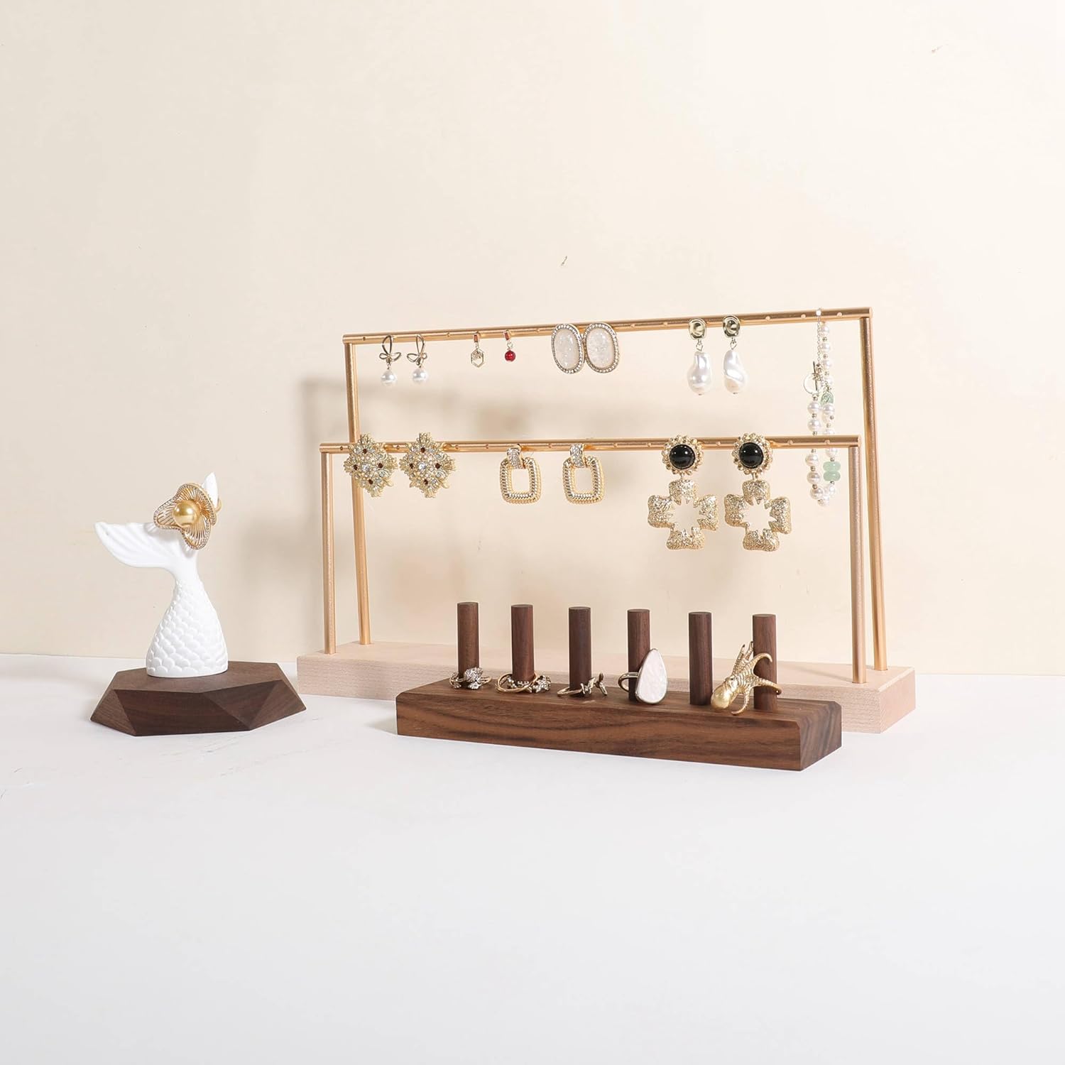 GemeShou wooden earring holder organizer for girls, maple stud earring display stand for boutique store, jewelry storage organizer shelf【maple stand-Two Tiers】