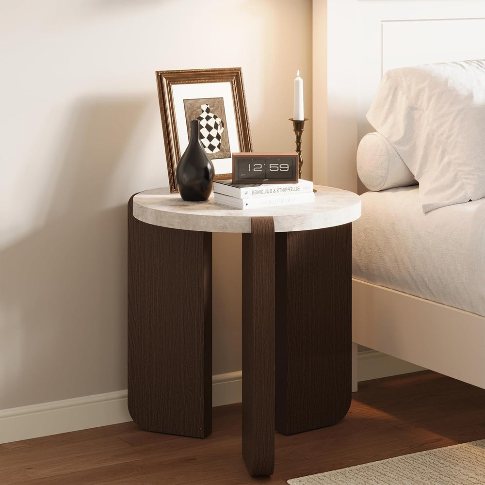 HOMPUS Farmhouse Round End Table, French Country White Bedside Table, Faux Ma...