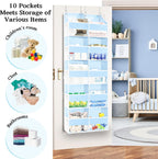Blue Over the Door Organizer 5 Tiers, Extra Large Behind Door Storage of 10 Compartments, 80 lbs Weight Capacity Hanging Storage Organizer with Clear Window Kids Toys, Shoes, Diapers, Room storage