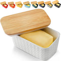 Hasense Large Butter Dish with Lid for Countertop - Farmhouse Ceramic Butter Container Holder with Cover for Fridge,Silicone Sealing,White Embossed Pattern,Holds Two Sticks of Butter