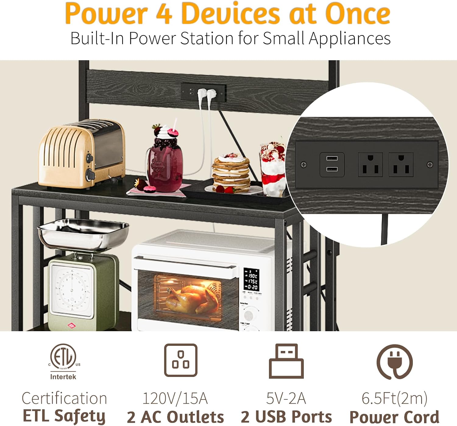 Baker's Rack with Power Outlet, 5-Tier Microwave Stand with Storage, Black | LED Lights,Kitchen Coffee Bar Storage,Microwave Stand with Storage,Spice Organizer for Kitchen, Dining Room and Office
