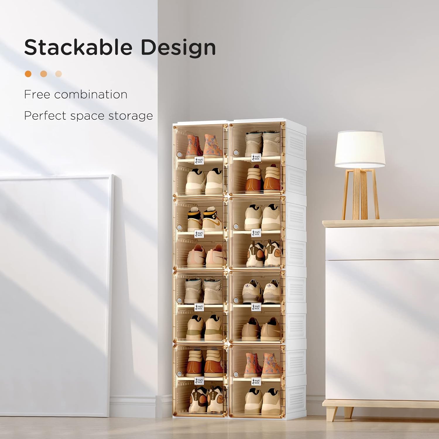 ANTBOX Shoe Organizer Storage Box, Portable Folding Shoe Rack for Closet with Magnetic Clear Door,Large Sneaker Cabinet Bins Sturdy Easy Assembly 8 Layers-8 Grids