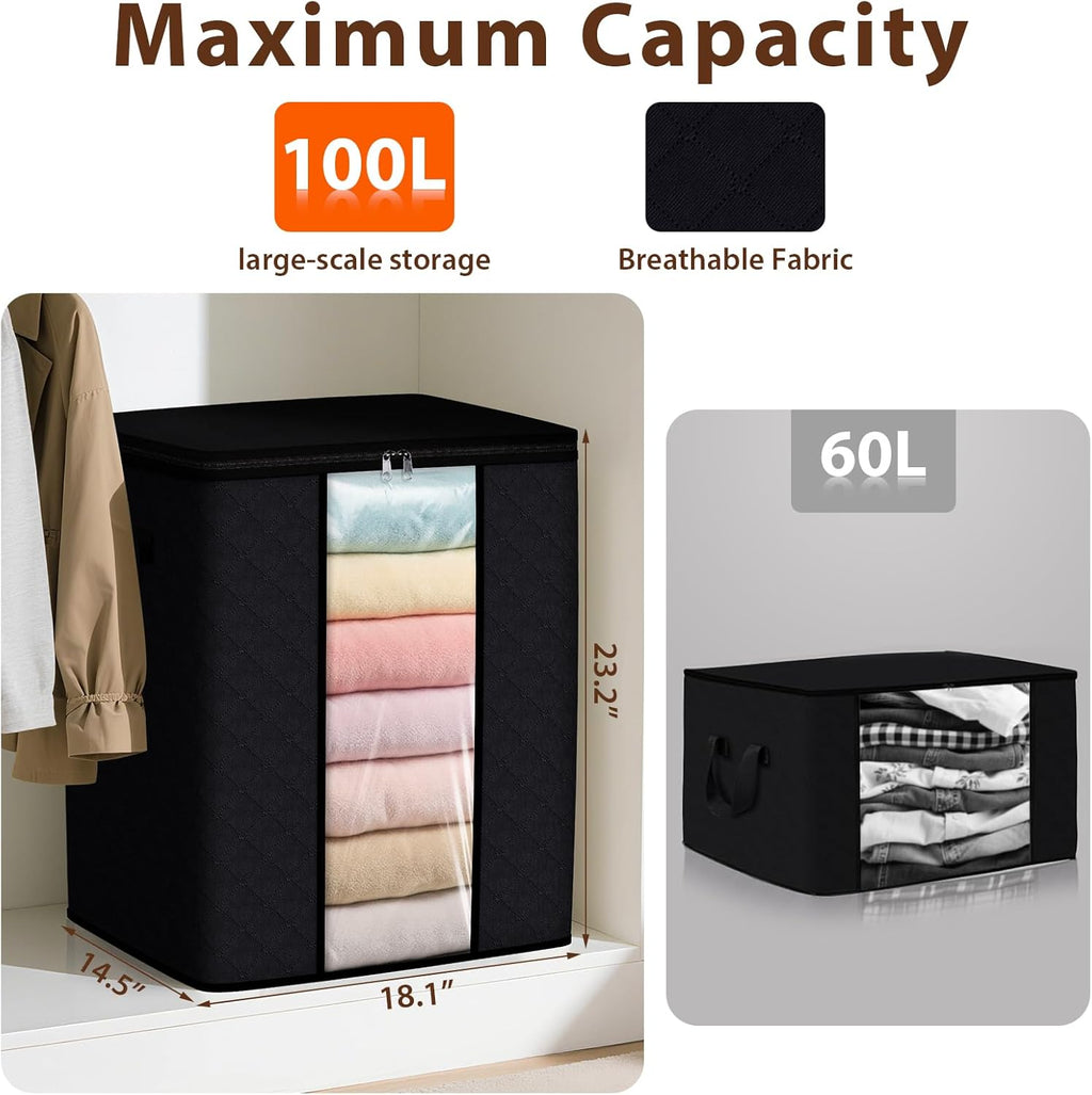 SpaceWhisper 6 Pack 100L Clothes Storage, Foldable Thick Fabric Blanket Storage Bags, Containers for Organizing Bedroom, Closet, Clothing, Comforter,Closet Organization with Handle,Black