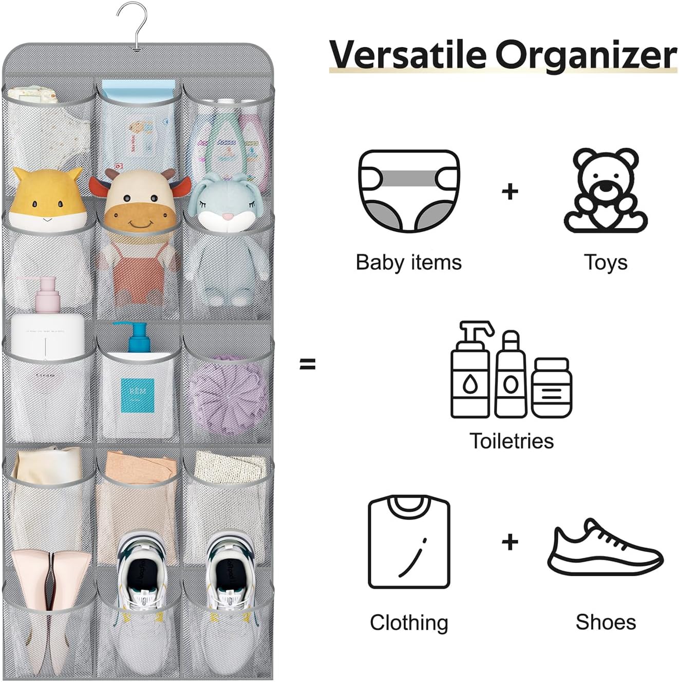 MISSLO 30 Large Pockets Dual Sided Hanging Shoe Organizer for Closet with Rotating Hanger Hanging Shoe Shelves, Grey