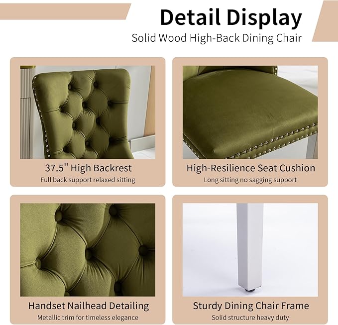 Luxury Upholstered Dining Chairs Set of 2, Olive Green Kitchen Chair with Silver Metal Legs, Velvet Tufted Back Dining Chair, Sillas de Comedor, Modern Kitchen & Dining Room Chairs (Olive, 2 Pcs)