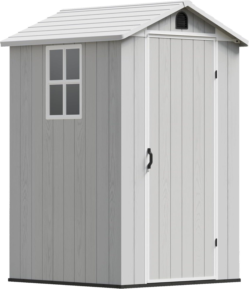 Devoko 4x4 FT Outdoor Shed, Compact & Secure Plastic Resin Storage with Lockable Door, Features Built-in Floor & Window for All-Weather Garden, Patio, and Poolside Organization, Light Gray