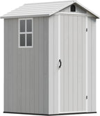 Devoko 4x4 FT Outdoor Shed, Compact & Secure Plastic Resin Storage with Lockable Door, Features Built-in Floor & Window for All-Weather Garden, Patio, and Poolside Organization, Light Gray