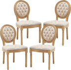 French Country Dining Chairs Set of 4,Farmhouse Upholstered Dining Room Chairs with Tufted Round Back&Solid Leg,Velvet Kitchen Side Chairs for Kitchen/Bedroom/Dining Room,Beige