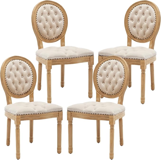 French Country Dining Chairs Set of 4,Farmhouse Upholstered Dining Room Chairs with Tufted Round Back&Solid Leg,Velvet Kitchen Side Chairs for Kitchen/Bedroom/Dining Room,Beige