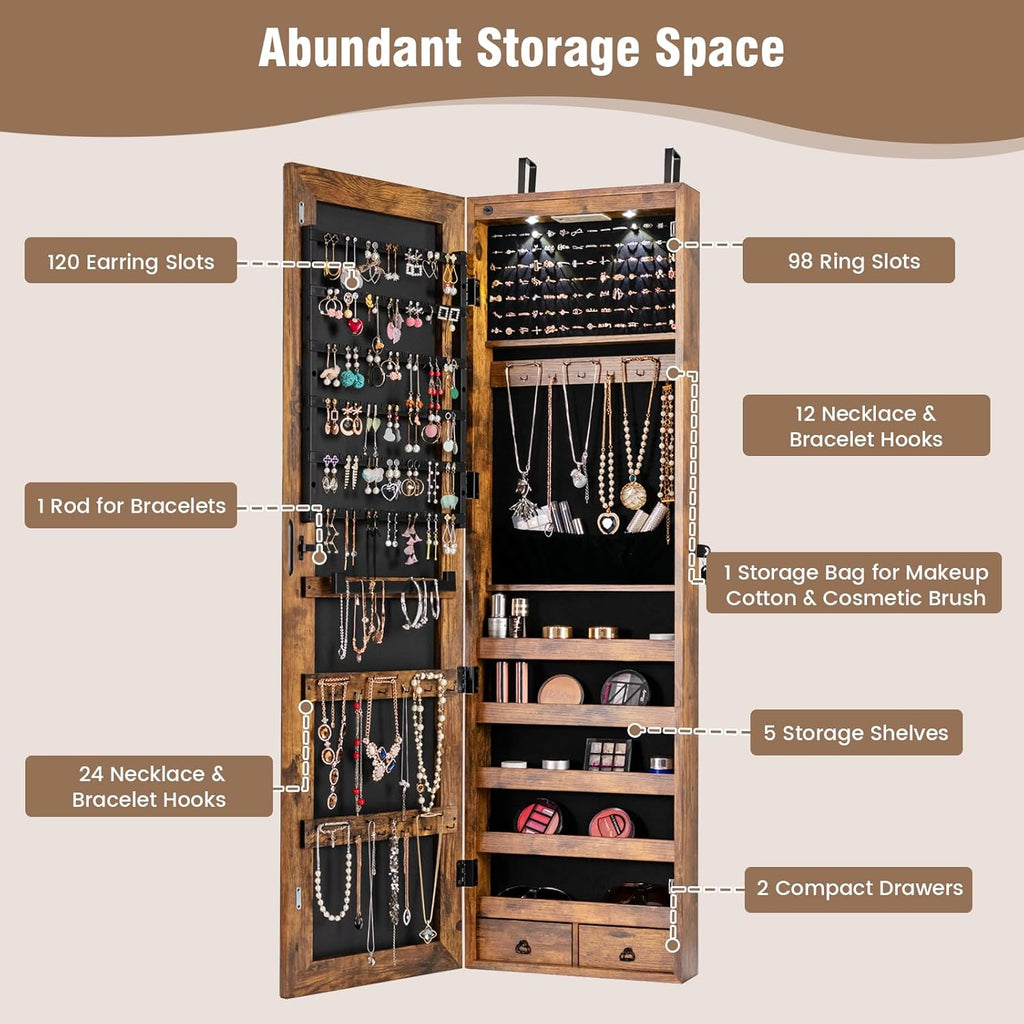 HAPPYGRILL Over the Door Jewelry Organizer, Hanging Jewelry Storage Cabinet w/Full-Length, Inner Makeup Mirror, Earring Shelves, Ring Slots, 25 Necklace Hooks, Wall Mounted Jewelry Armoire for Women