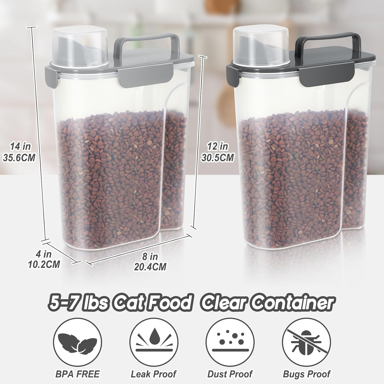 Cat Dog Food Storage Container, Upgraded Large Nozzle,5LBS Plastic Pet Food Storage Container, With 4 Sealed Clasps, 1 Measuring Cup and Handle, Easy to Clean and Carry -2 Pcs Light Gray + Dark Gray
