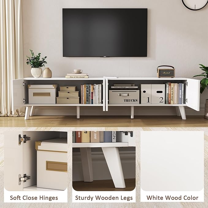 70.9” TV Stand for TVs up to 70,TV Console with Two Storage Compartments, Modern Entertainment Center with 6 Supporting Legs and Grooved Drawer Fronts, TV Stand for Living Room, Bedroom, White