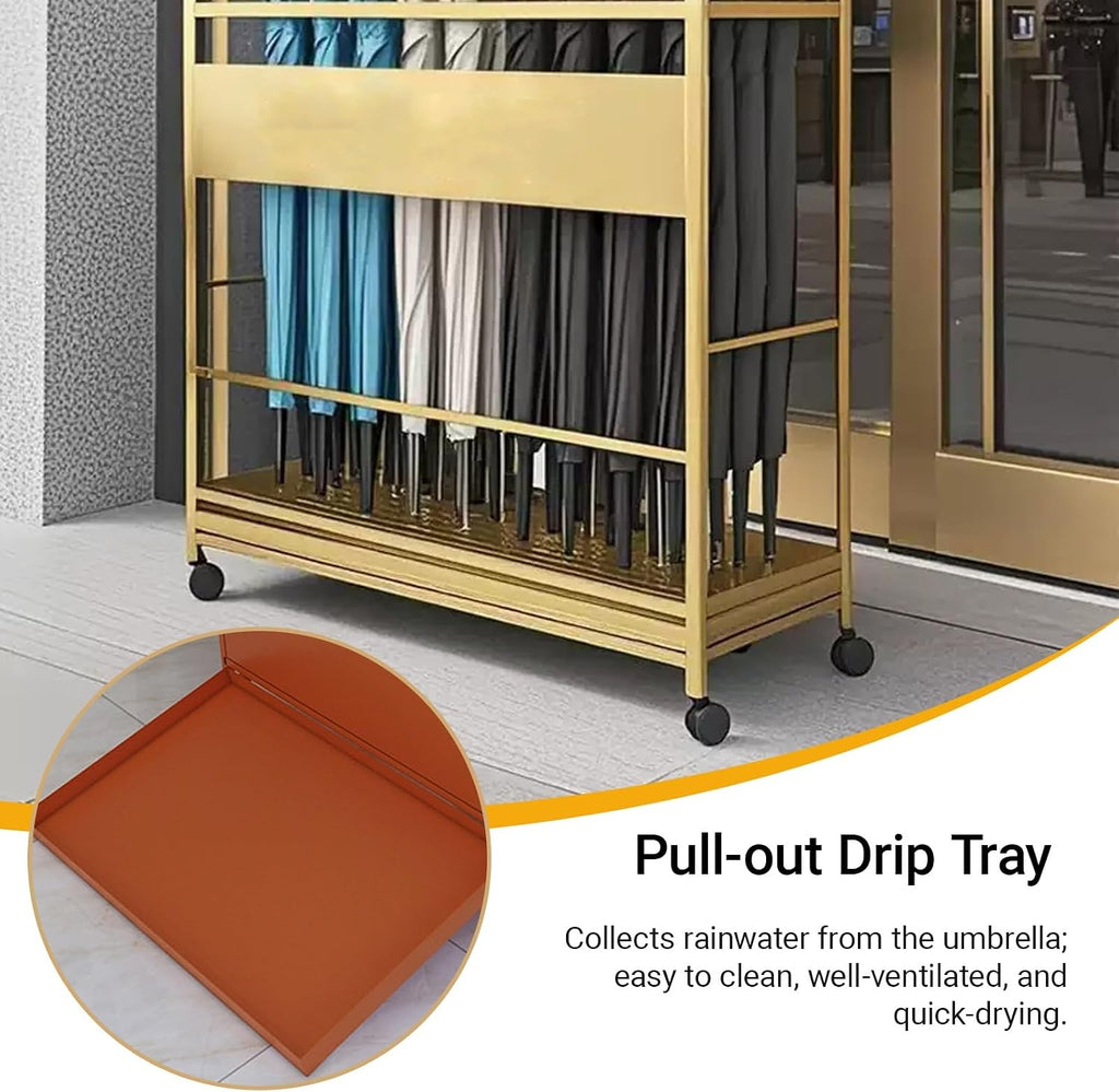 Entryway Movable Commercial Umbrella Stand Large Capacity Metal Umbrellas Holder Heavy Duty Umbrella Frame with Removable Drip Tray & Wheels for Home, Hotel, Office.(Gold,100x20x70CM/39.4x7.9x27.6IN)