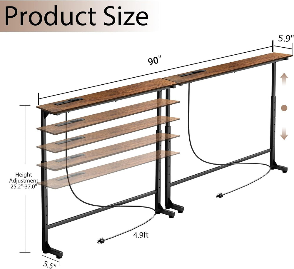 Keelian 90 inch Behind Couch Table with Outlets Sofa Table Rustic Brown | Adj...