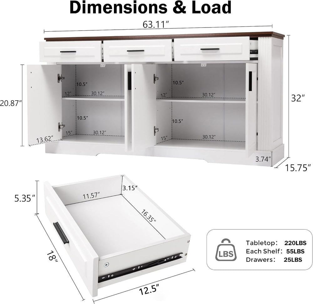Modern Freestanding Storage Cabinet with Drawers Shelves and Countertop, Buff...