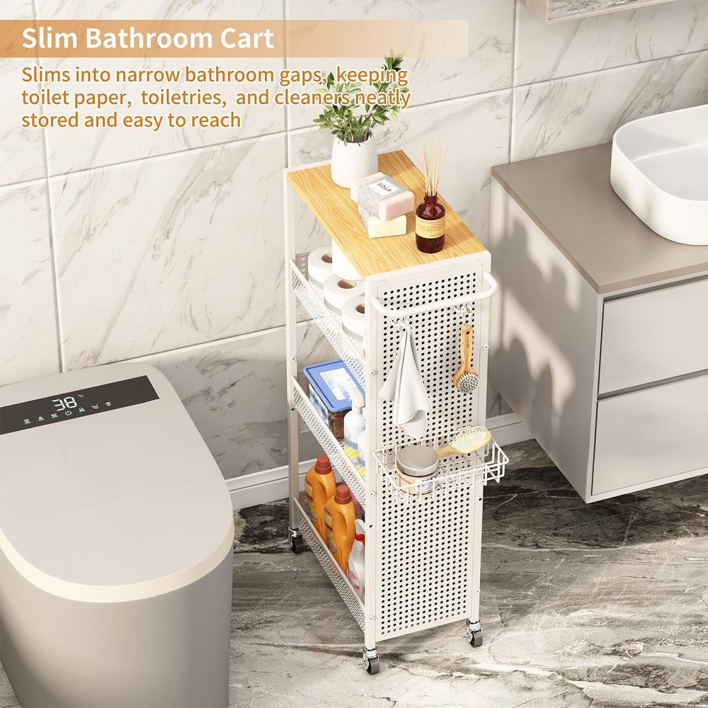 Slim Storage Rolling Cart: 4-Tier Narrow Metal & Wood Utility Cart with W...