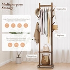 Yoobure Solid Wood Coat Rack Freestanding - Rolling Clothes Rack with 8 Hooks & Shelves, Small Clothing Rack with Wheels, Heavy Duty Clothing Racks for Hanging Clothes, Portable Hall Tree for Entryway