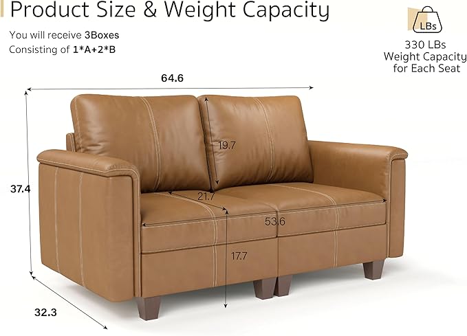 SITJOY 65" Faux Leather Modular Sectional Sofa with Storage, Mid Century Modern Sectional Couches for Living Room, Soft Padded Armrests, Loveseat Sofa, Brown