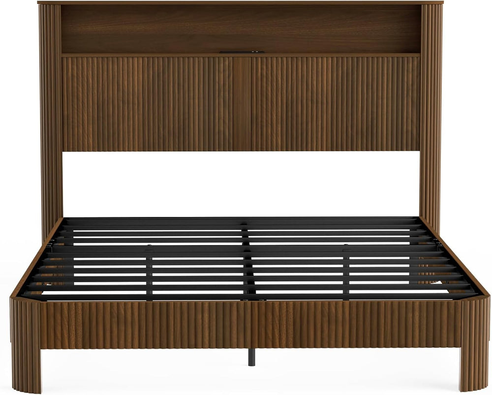 Peanu Queen Bed Frame, Wave Headboard, Charging Station Walnut