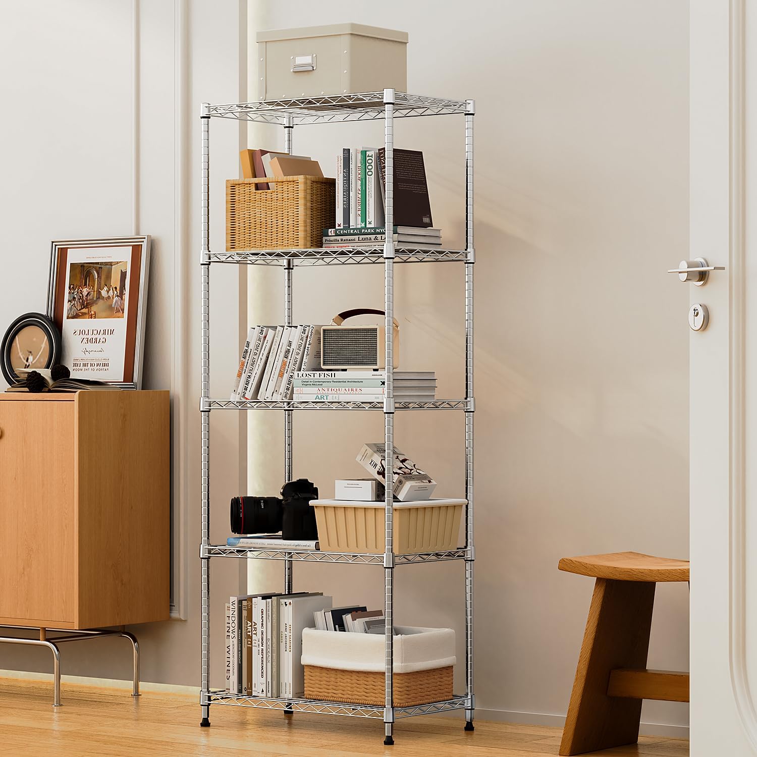 1250 lbs 5 Tier Shelf Metal Storage Shelves Wire Rack Closet Organizers with Wheel for Garage Kitchen Bathroom Laundry Chrome 13.7" D x 23.6" W x 62.4" H