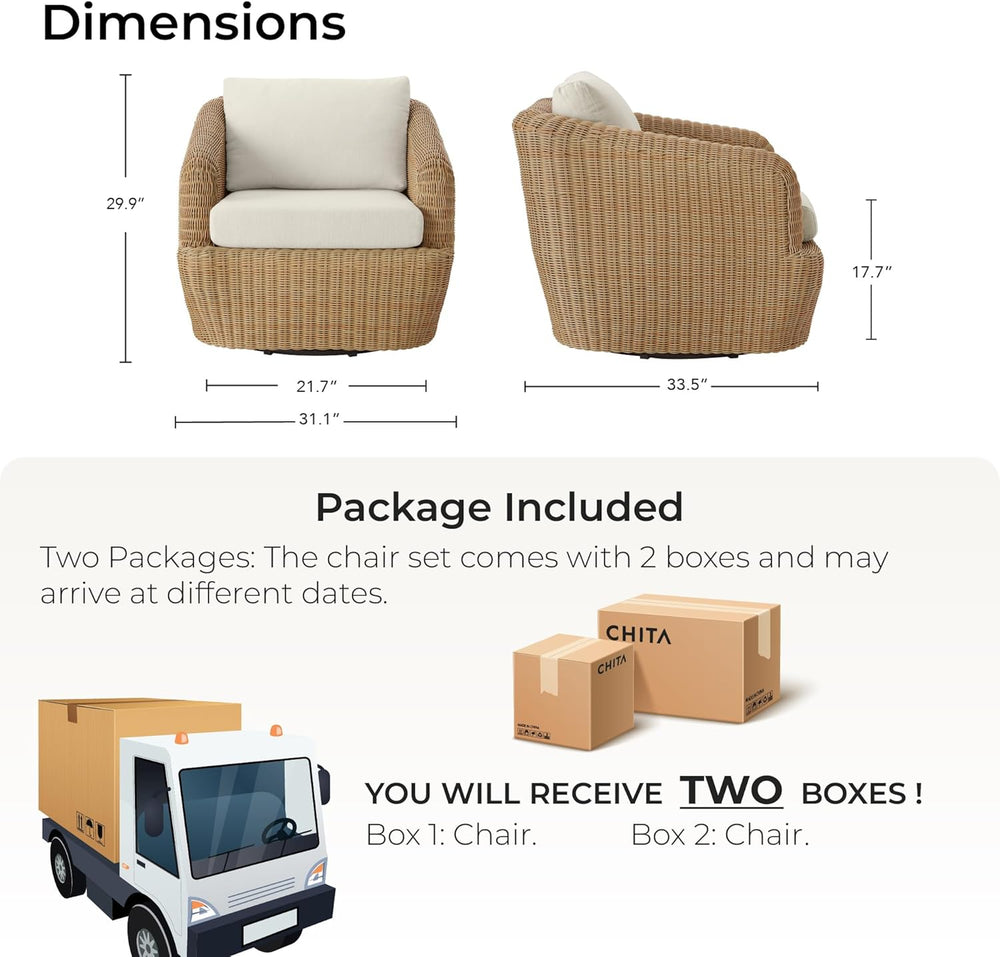 CHITA 2 Pieces Patio Wicker 360° Swivel Chairs with Removable Cushion, Backya...
